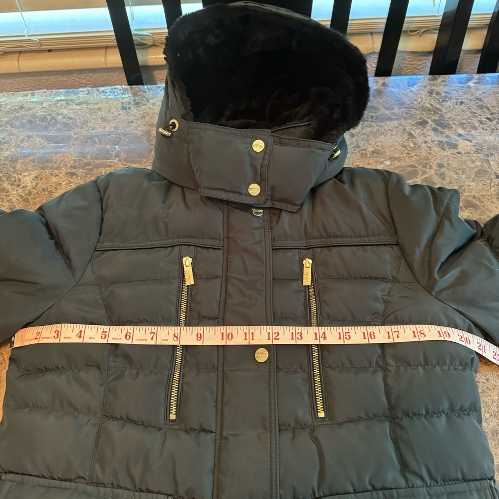 Guess Hooded Puffer Down Jacket Black with Gold Detail Faux Fur​ - Picture 3 of 12